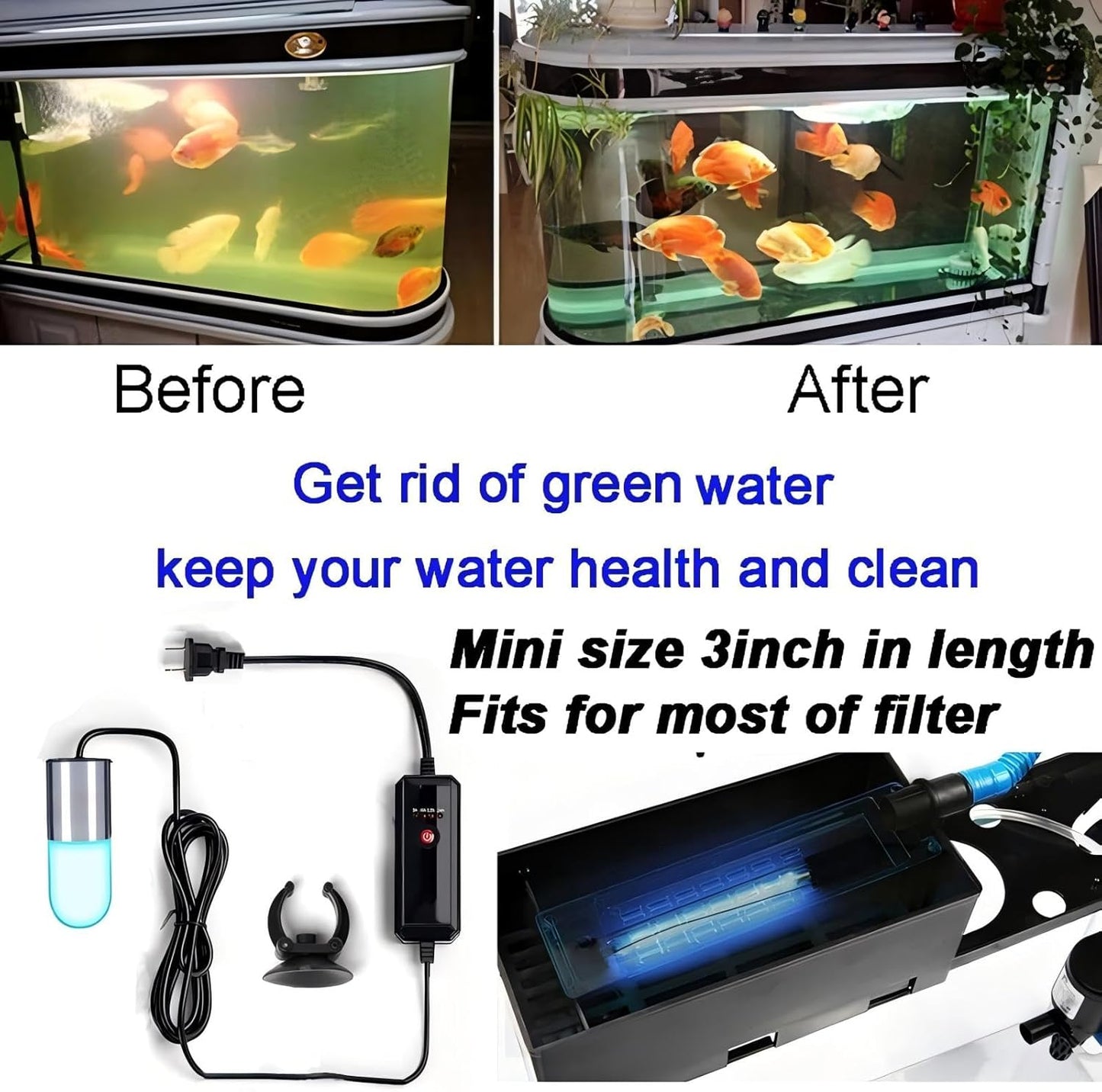 Aquarium UVC Clean Light Algae Clear Green Bloom Clean Fish Tank UVC Water Clean LAMP for Sump Pond Filter Tank (3W with Timer)
