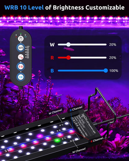 SEAOURA Aquarium LED Light for 48-54in Freshwater Tank, Full Spectrum Aquarium Light for Plant Growth, 6H/8H/12H Timer, WRB 3 Channel Customizable, 10 Brightness & 11 Colors, Adjustable Bracket