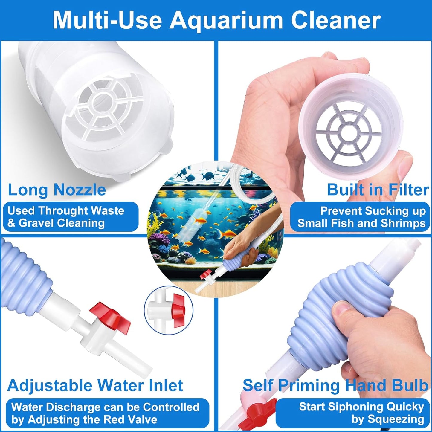 Fish Tank Cleaning Kit Set of 4 Pieces, Aquarium Siphon Algae Scraper Aquarium Net Algae Remover for Fish Tank, Aquarium Cleaner Vacuum Suitable for Changing Water and Cleaning Fish Tanks