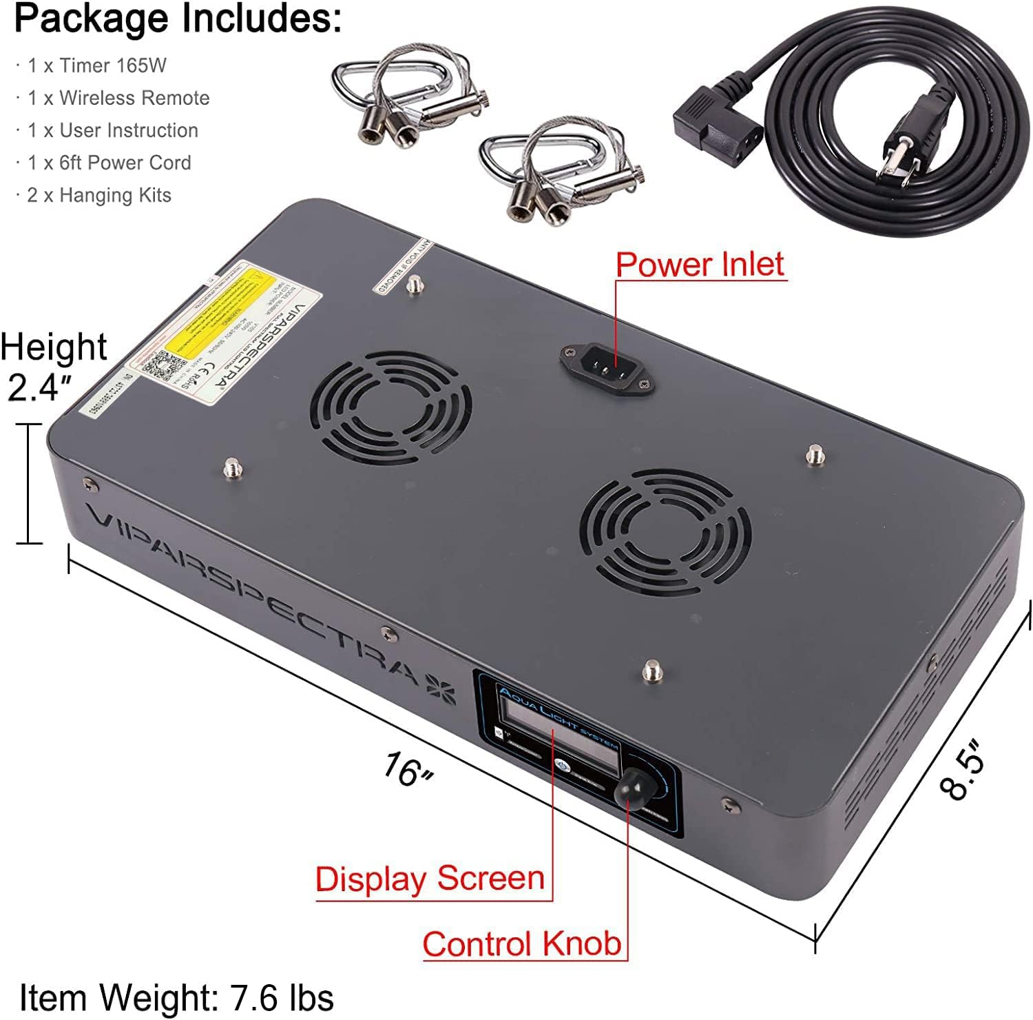 VIPARSPECTRA 165W LED Aquarium Light Dimmable Full Spectrum LED Reef Lights for Coral Saltwater Fish Tank, Remote/Timer Control, Programmable Auto On/Off, Blue/White Dual Channel Brightness 0 - 100% - Buy The Sea Aquatics