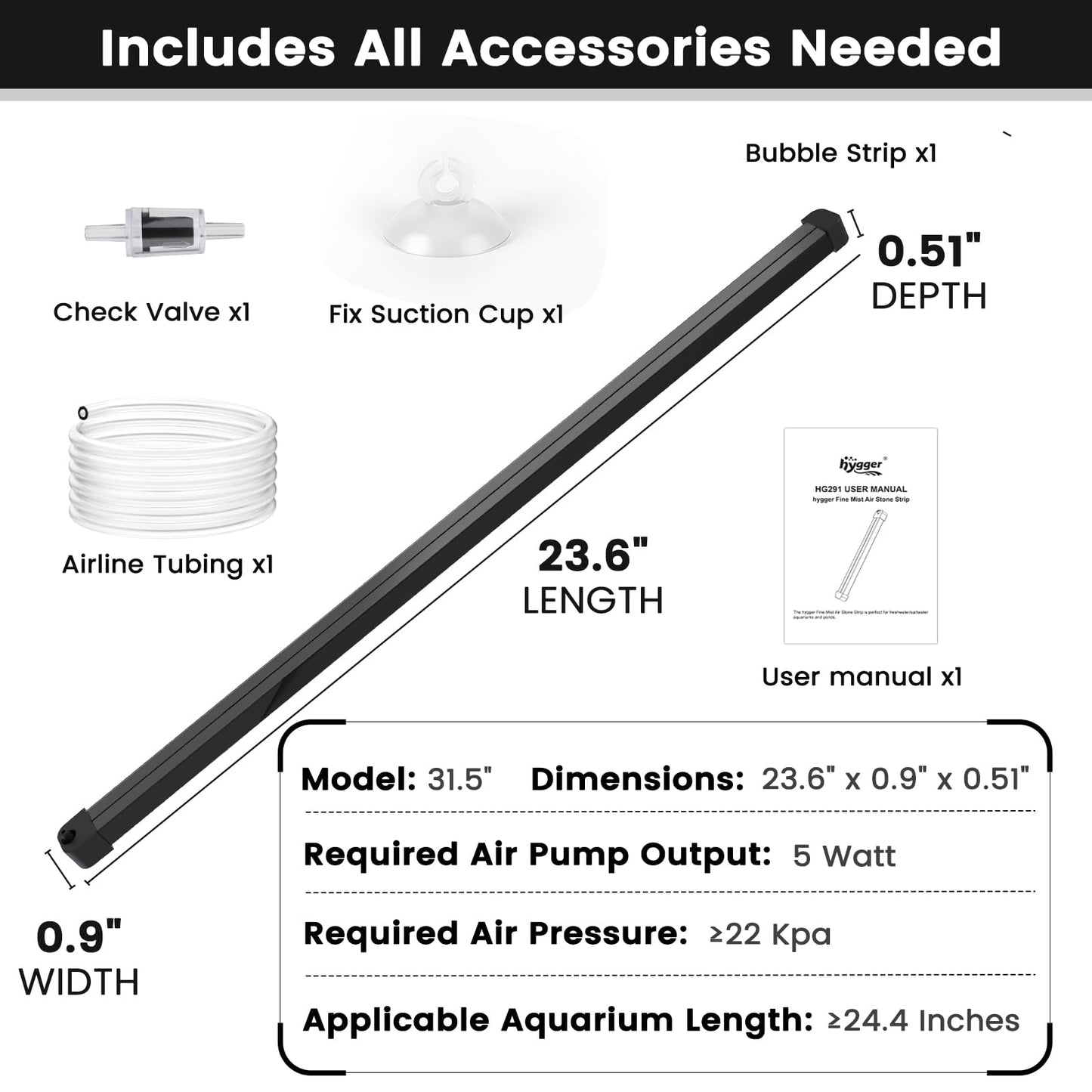 hygger Weighted Nano Mist Bubble Wall Bar, 31.5" Self - Sinking ABS Air Stone Strip with Gentle Oxygen Diffuser for Freshwater & Marine Aquarium, Hydroponics - Buy The Sea Aquatics