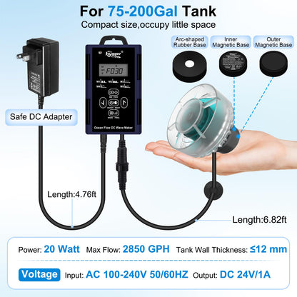 hygger Mini Wave Maker For Aquarium, Ultra-quiet Transparent Wavemaker With Controller, Adjustable Flow Magnetic DC 12V 850GPH Powerhead, Circulation Pump For 20-80Gallon Freshwater Coral Reef Tank