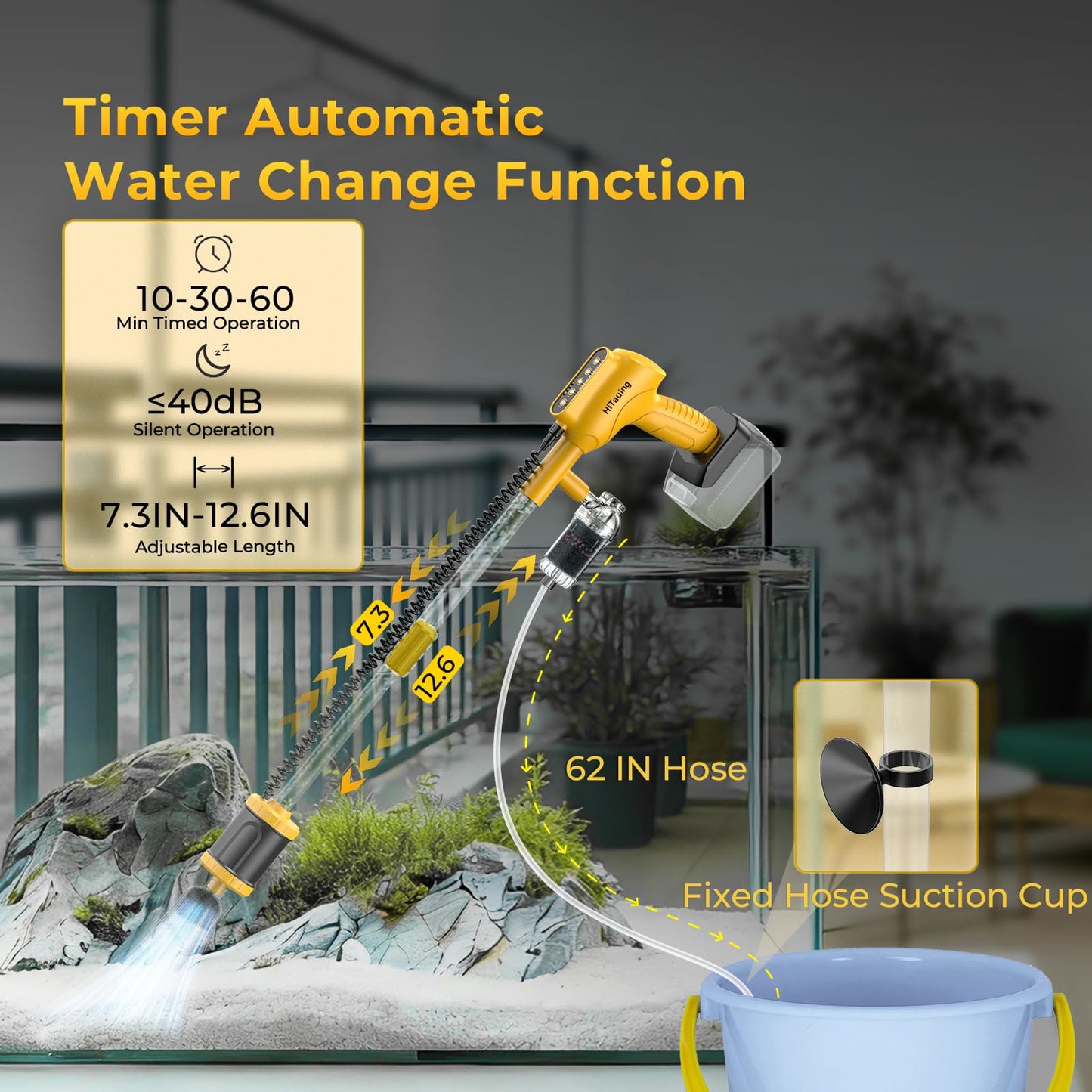 HiTauing Aquarium Gravel Cleaner, Cordless/Corded 6 in 1 Electric Fish Tank Vacuum Cleaner Compatible with Dewalt 20V Battery, 3 Adjustable Power, Automatic Water Change for Freshwater and Saltwater