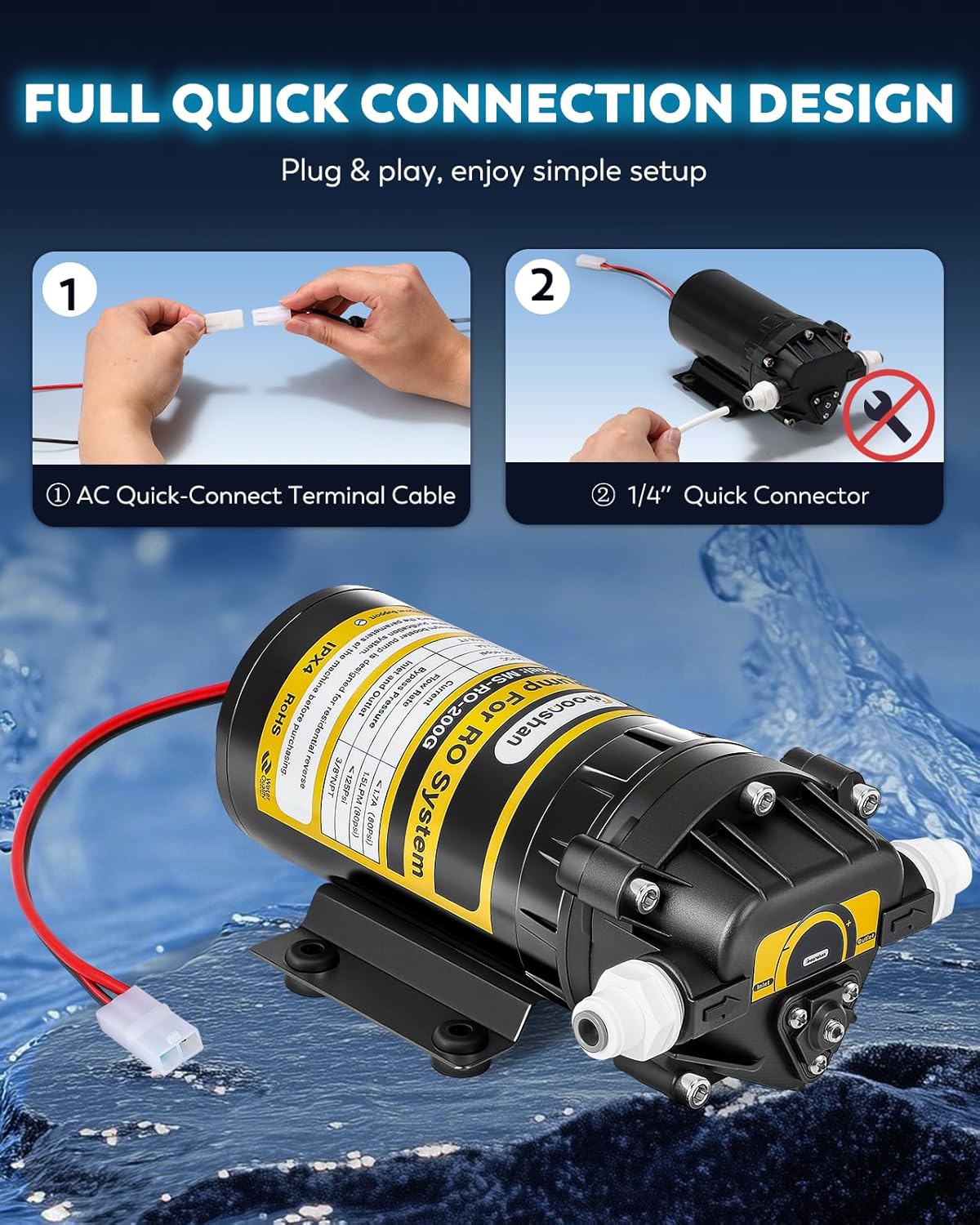 200GPD Booster Pump for RO System Complete Kit Suitable for Home Reverse Osmosis Water Filter System Quick-Connection Design High Pressure Switch Pressure Adjustable (8800)