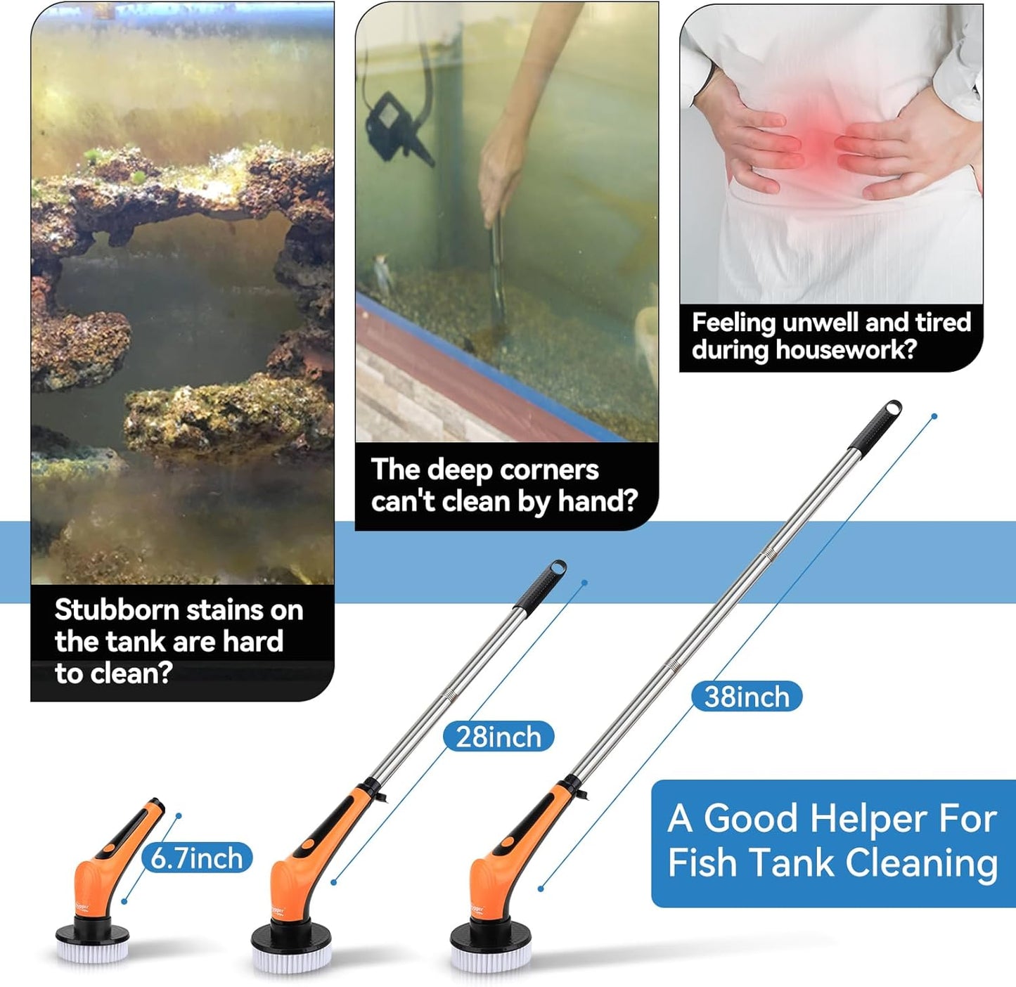 hygger IPX8 Electric Aquarium Cleaning Brushes, Rechargeable Cleaner Tools Kit with 6 Replaceable Clean Spin Brush Heads Cordless Use 2 Speeds Adjustable Handle for Dog House Outdoor/Cat Litter Boxes