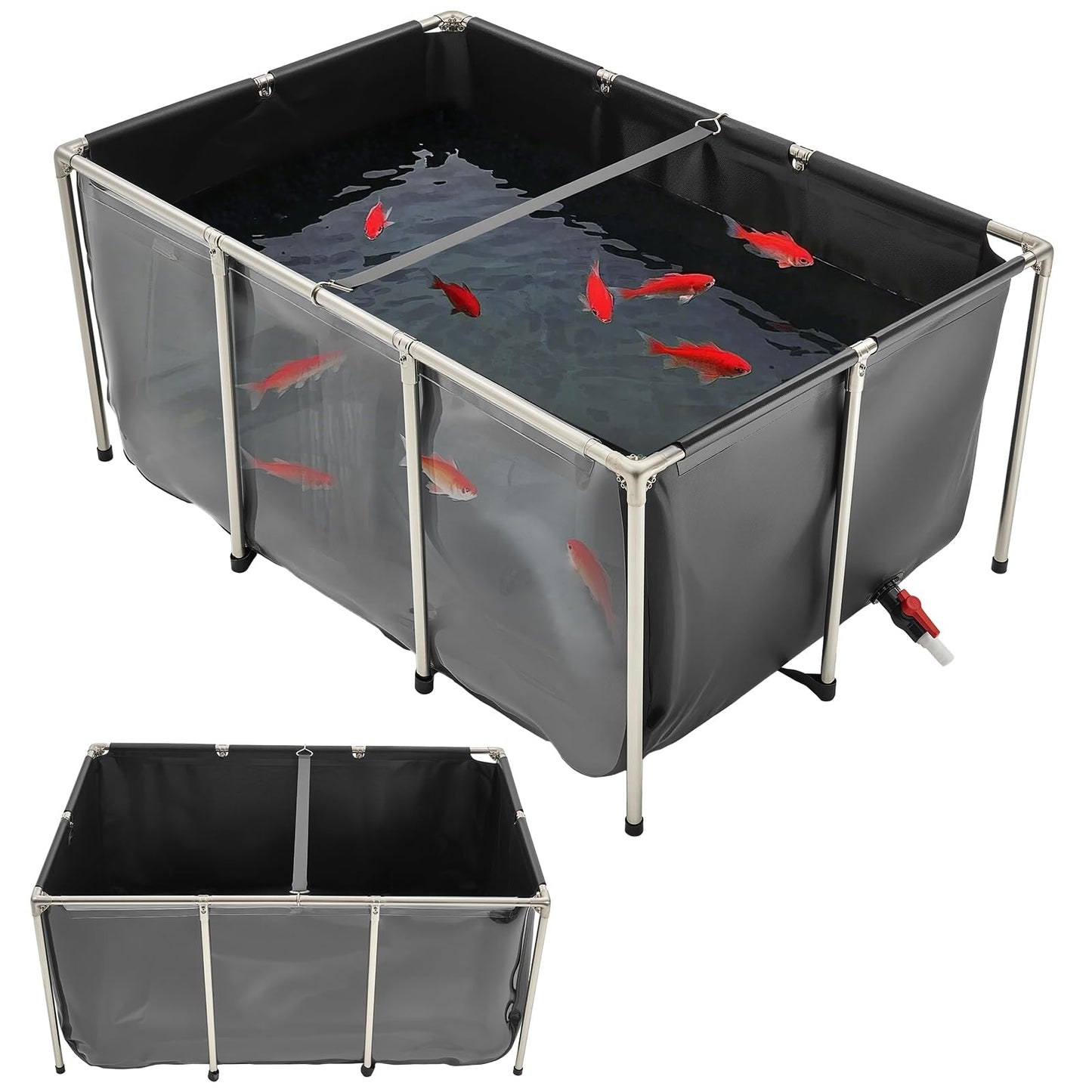 VEVOR Canvas Fish Pond, 470 Gal Above Ground Fish Pond, PVC Koi Tank with Clear Viewing Panel, Rectangular Goldfish Tank with Stainless Steel Frame & Drain Valve, for Breeding Koi, Irrigation(Black)