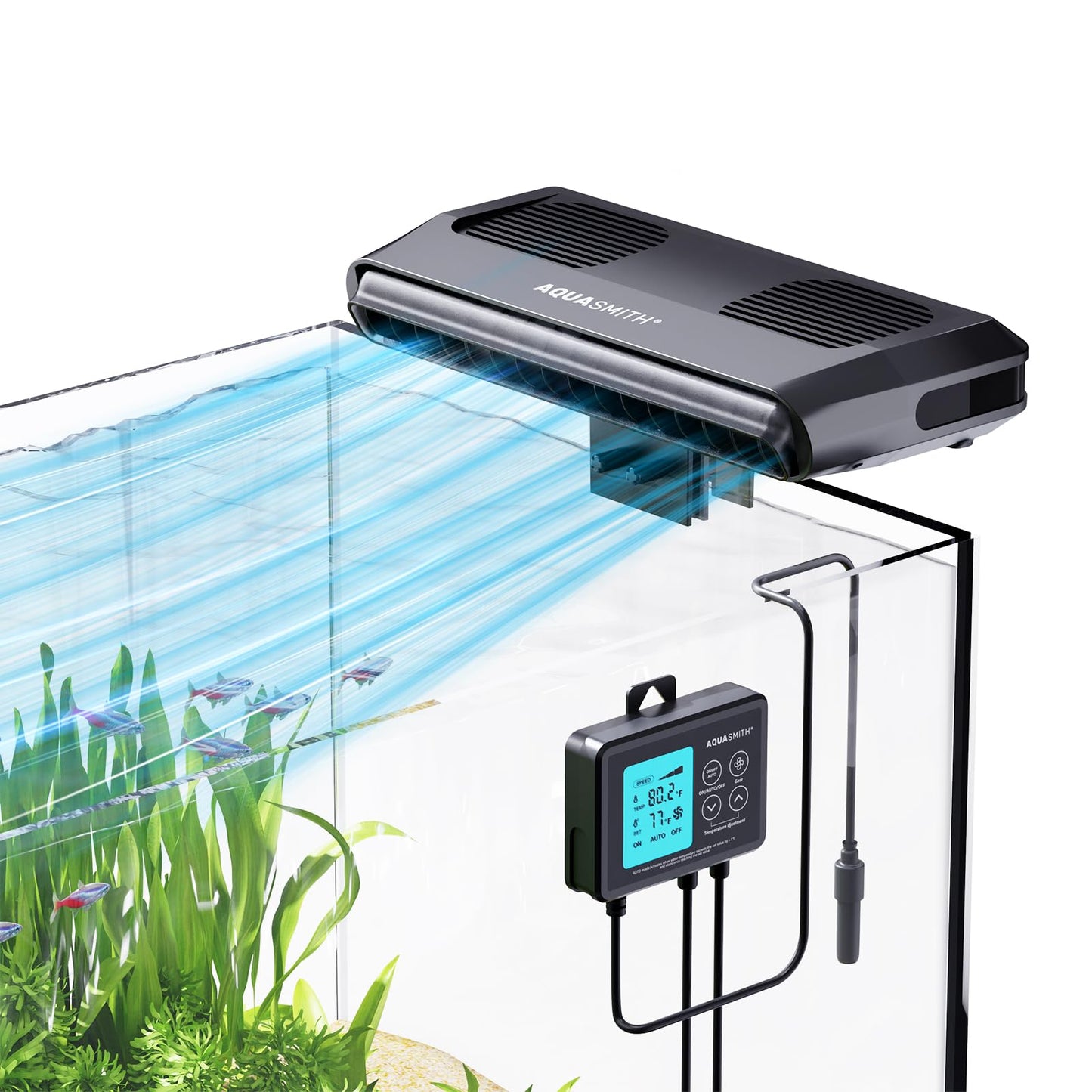 Aquarium Chiller Fan,Fish Tank Cooler with Temperature Control,Minimum Setting 59℉,Auto Start/Stop,Refrigeration Effect 3 - 7℉,3 - Speed Modes,for Axolotl Seawater Freshwater Coral Grass Tank - Buy The Sea Aquatics
