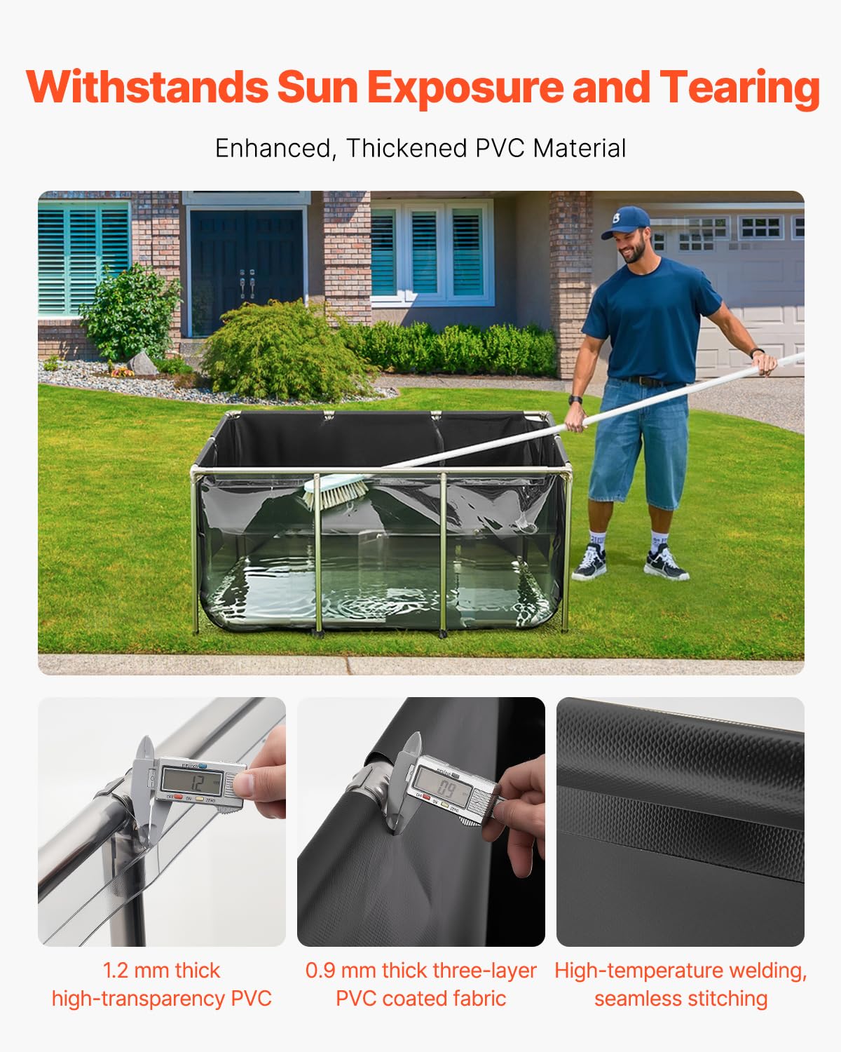 VEVOR Canvas Fish Pond, 470 Gal Above Ground Fish Pond, PVC Koi Tank with Clear Viewing Panel, Rectangular Goldfish Tank with Stainless Steel Frame & Drain Valve, for Breeding Koi, Irrigation(Black)