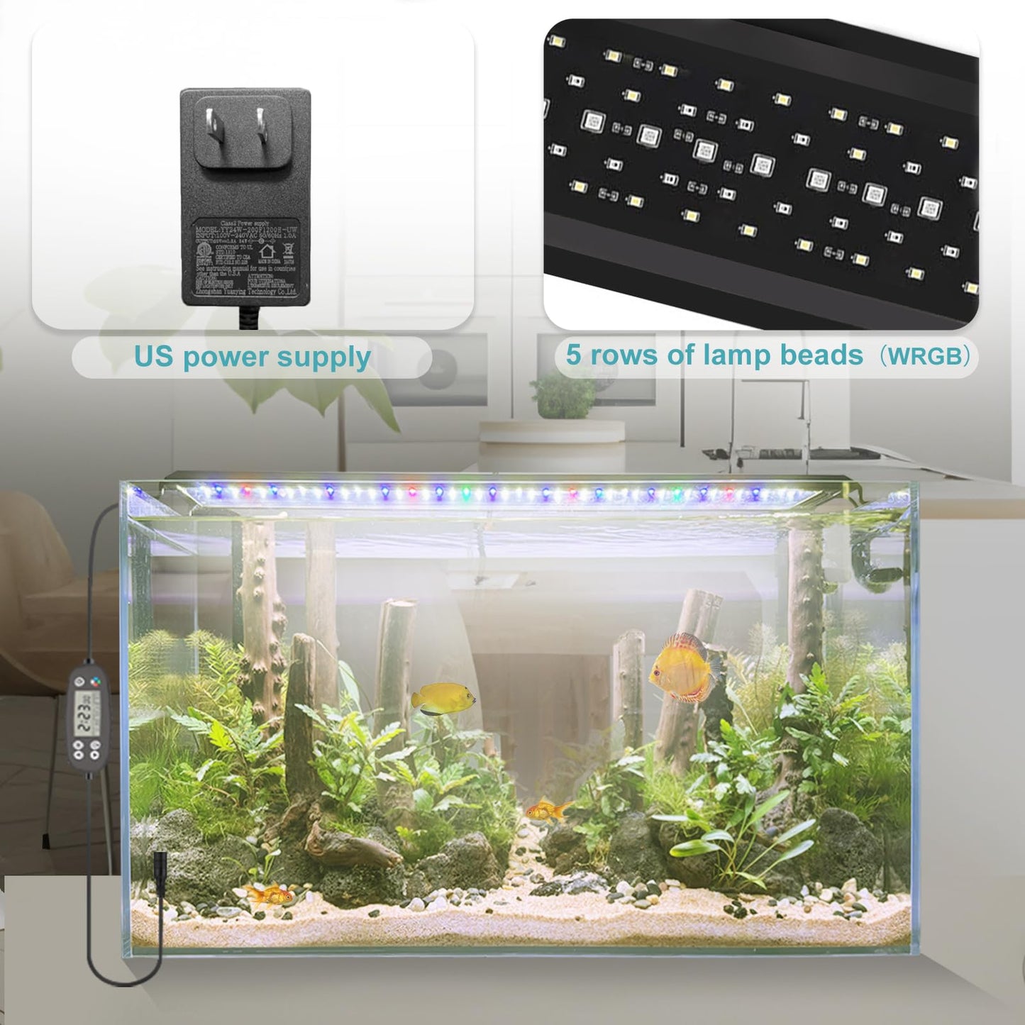 24/7 LED Aquarium Light, IP68 Waterproof Extendable Bracket Fish Tank Light with Timer, 7 Colors, 10 Level Adjustable Brightness, DIY Mode Full Spectrum Aquarium Plant Light for 30-36 Inch Fish Tank