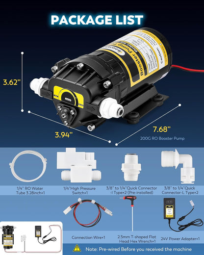 200GPD Booster Pump for RO System Complete Kit Suitable for Home Reverse Osmosis Water Filter System Quick-Connection Design High Pressure Switch Pressure Adjustable (8800)