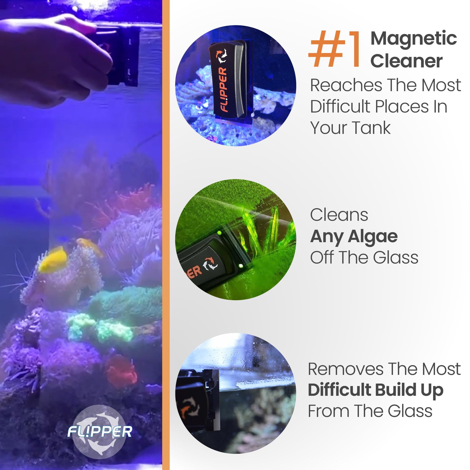 FLIPPER Standard Magnetic Aquarium Glass Cleaner – 2 - in - 1 Scrubber and Scraper, Hands - Free Fish Tank Cleaner for Algae Removal, Safe for Glass & Acrylic Tanks up to 1/2" (12mm), Freshwater & Saltwater - Buy The Sea Aquatics