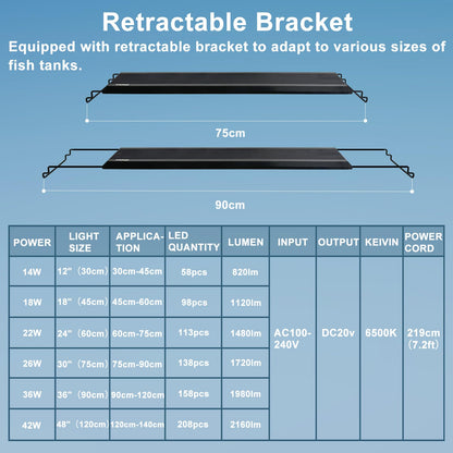 24/7 LED Aquarium Light, IP68 Waterproof Extendable Bracket Fish Tank Light with Timer, 7 Colors, 10 Level Adjustable Brightness, DIY Mode Full Spectrum Aquarium Plant Light for 30-36 Inch Fish Tank