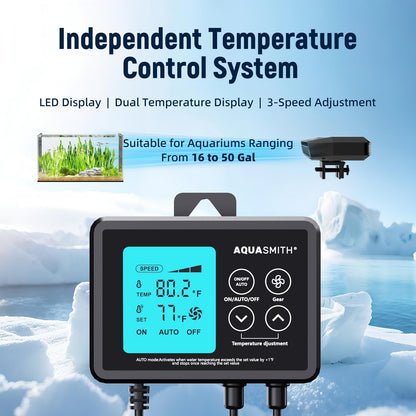 Aquarium Chiller Fan,Fish Tank Cooler with Temperature Control,Minimum Setting 59℉,Auto Start/Stop,Refrigeration Effect 3 - 7℉,3 - Speed Modes,for Axolotl Seawater Freshwater Coral Grass Tank - Buy The Sea Aquatics