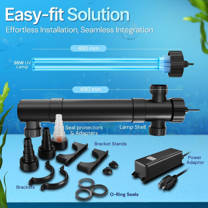 Flexzion Pond UV Lights for Outdoor Ponds - 9W Small Light, 2113 - Gal Capacity, 1500L/H UV Pond Clarifier for Outdoor Ponds, Clears Water in Days (CUV - 109A) - Buy The Sea Aquatics
