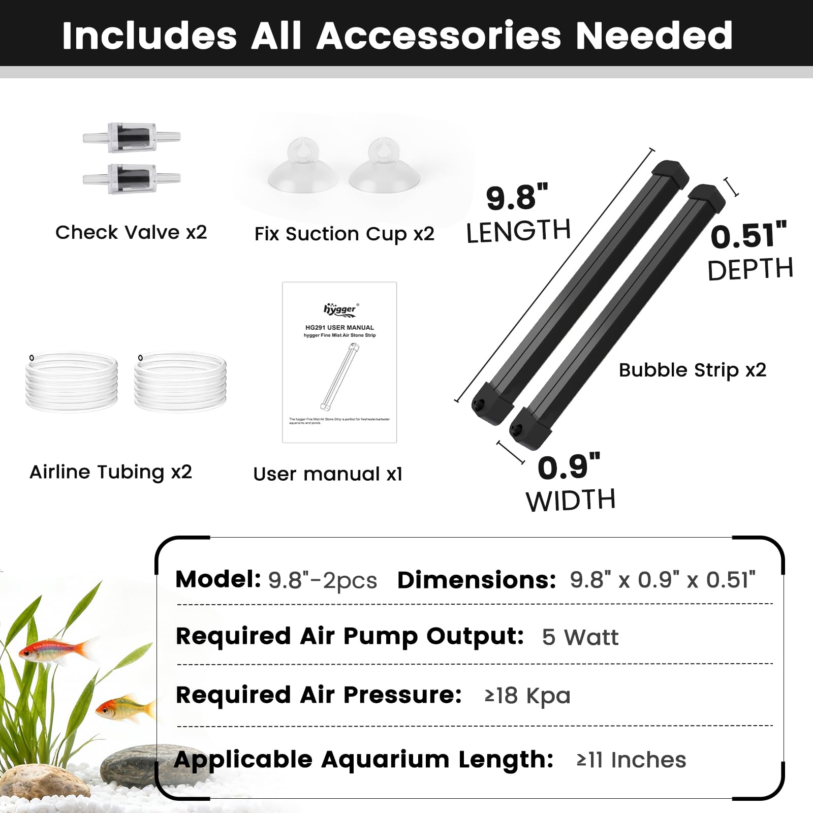 hygger Weighted Nano Mist Bubble Wall Bar, 31.5" Self - Sinking ABS Air Stone Strip with Gentle Oxygen Diffuser for Freshwater & Marine Aquarium, Hydroponics - Buy The Sea Aquatics
