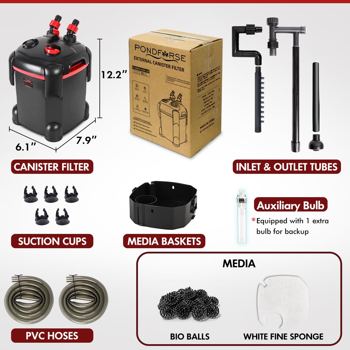 PONDFORSE Canister Filter, External Aquarium Filter Ultra-Quiet Water Circulation Cleaning Machine with Media for Fish Tanks and Aquariums