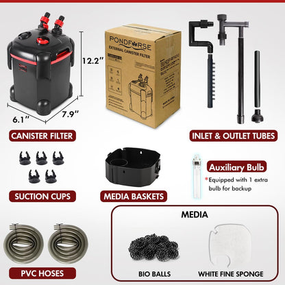 PONDFORSE Canister Filter, External Aquarium Filter Ultra-Quiet Water Circulation Cleaning Machine with Media for Fish Tanks and Aquariums