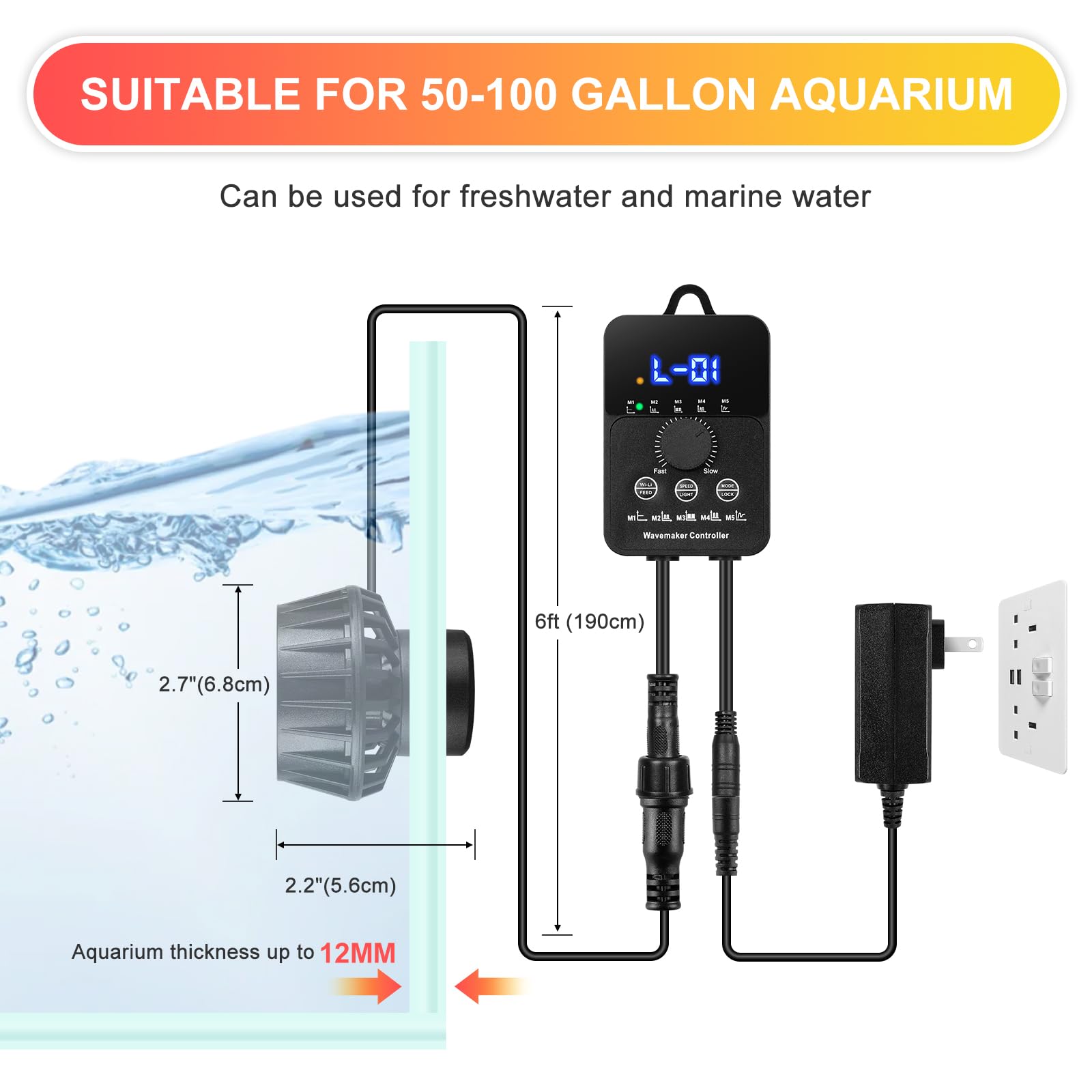 3400GPH Aquarium Wave Maker DC24V Power head with Magnetic Mounting,Wavemaker with Controller for 100 - 200 Gallon Fish Tanks - Buy The Sea Aquatics