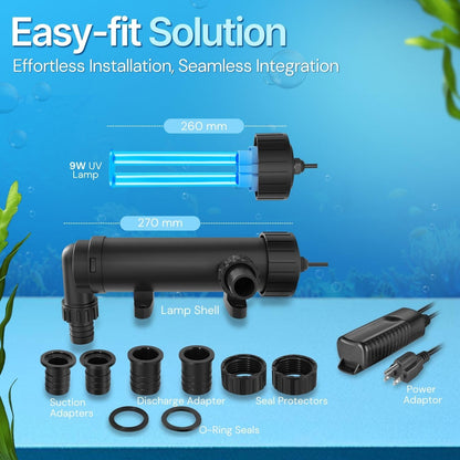 Flexzion Pond UV Lights for Outdoor Ponds - 9W Small Light, 2113 - Gal Capacity, 1500L/H UV Pond Clarifier for Outdoor Ponds, Clears Water in Days (CUV - 109A) - Buy The Sea Aquatics