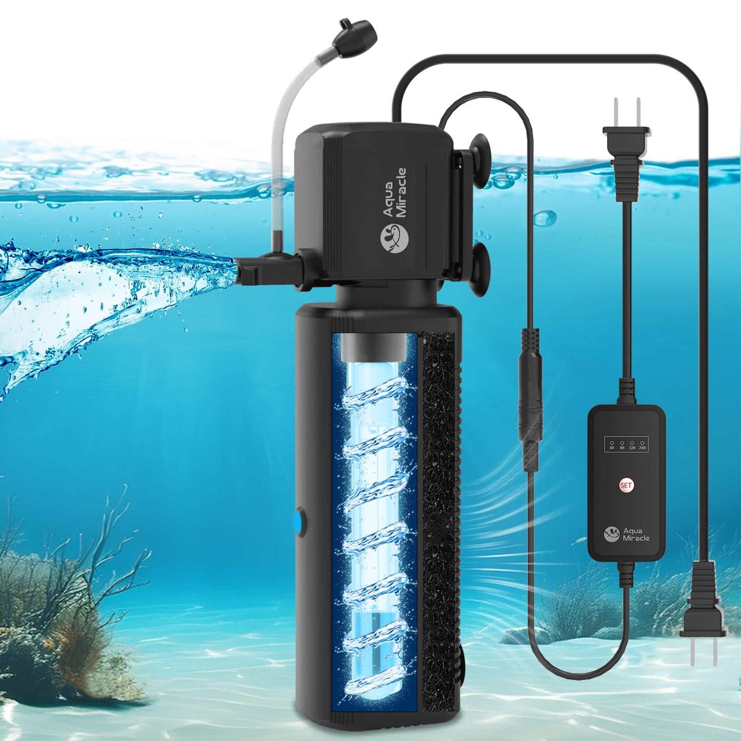 AquaMiracle Aquarium Filter with U - V Light & Filter Sponge, Fish Tank Filter with Timer for Green Water, Turtle Filter with Aeration & Rainfall Mode for Aquarium 10-30 Gallon
