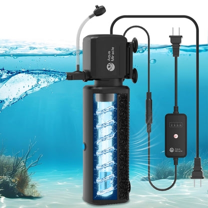 AquaMiracle Aquarium Filter with U - V Light & Filter Sponge, Fish Tank Filter with Timer for Green Water, Turtle Filter with Aeration & Rainfall Mode for Aquarium 10-30 Gallon