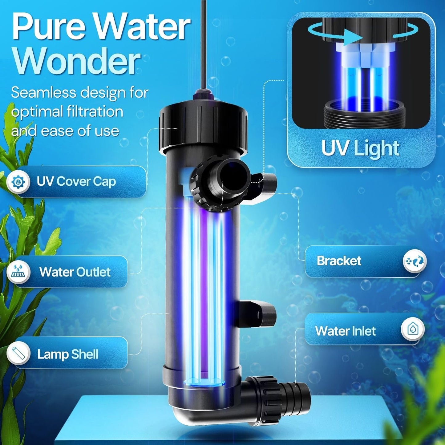 Flexzion Pond UV Lights for Outdoor Ponds - 9W Small Light, 2113 - Gal Capacity, 1500L/H UV Pond Clarifier for Outdoor Ponds, Clears Water in Days (CUV - 109A) - Buy The Sea Aquatics
