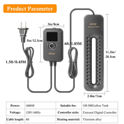 HITOP 1000W Digital Aquarium Heater: Titanium Fish Tank Heater with Temperature Control Device, Submersible Heater for Freshwater/seawater up to 300 Gallon - Buy The Sea Aquatics
