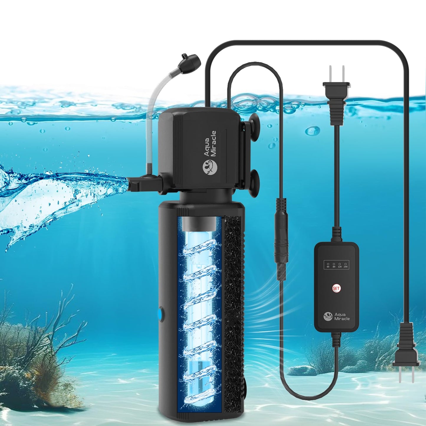 AquaMiracle Aquarium Filter with U - V Light & Filter Sponge, Fish Tank Filter with Timer for Green Water, Turtle Filter with Aeration & Rainfall Mode for Aquarium 10-30 Gallon