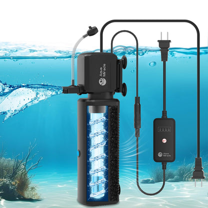 AquaMiracle Aquarium Filter with U - V Light & Filter Sponge, Fish Tank Filter with Timer for Green Water, Turtle Filter with Aeration & Rainfall Mode for Aquarium 10-30 Gallon