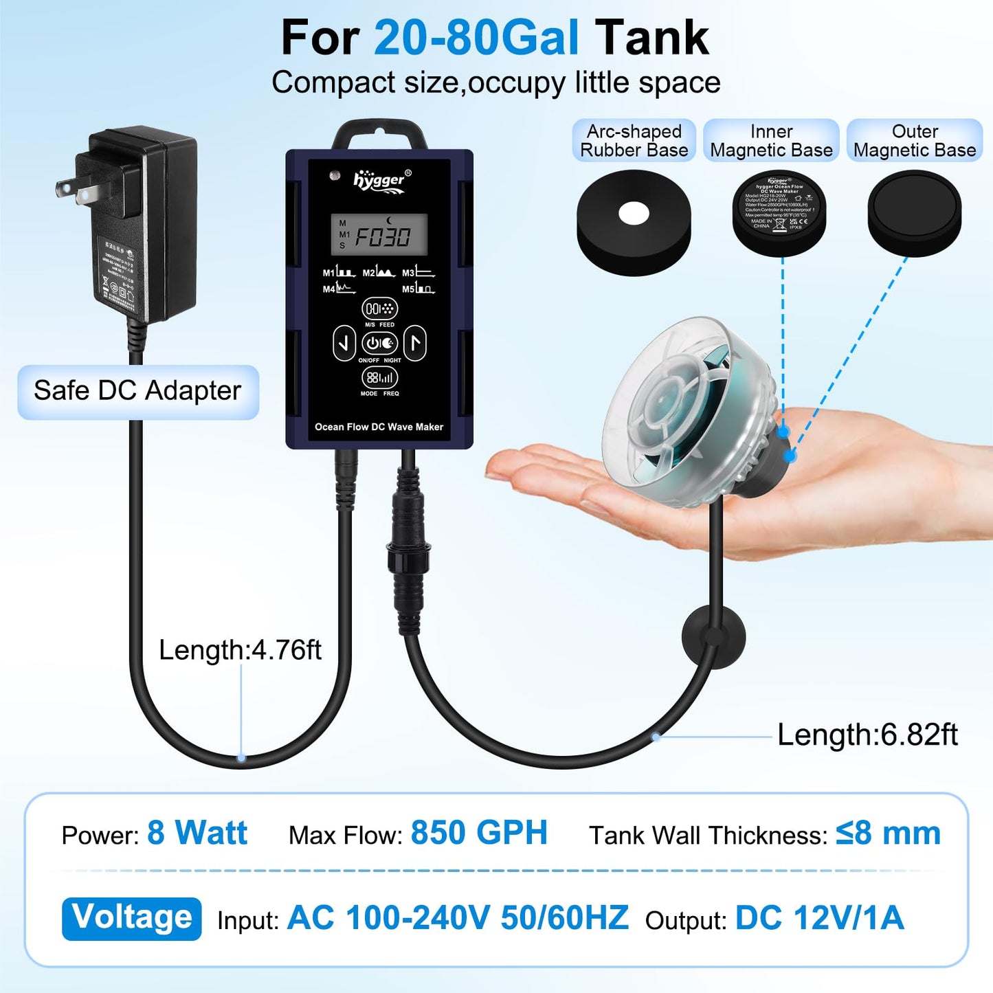 hygger Mini Wave Maker For Aquarium, Ultra-quiet Transparent Wavemaker With Controller, Adjustable Flow Magnetic DC 12V 850GPH Powerhead, Circulation Pump For 20-80Gallon Freshwater Coral Reef Tank