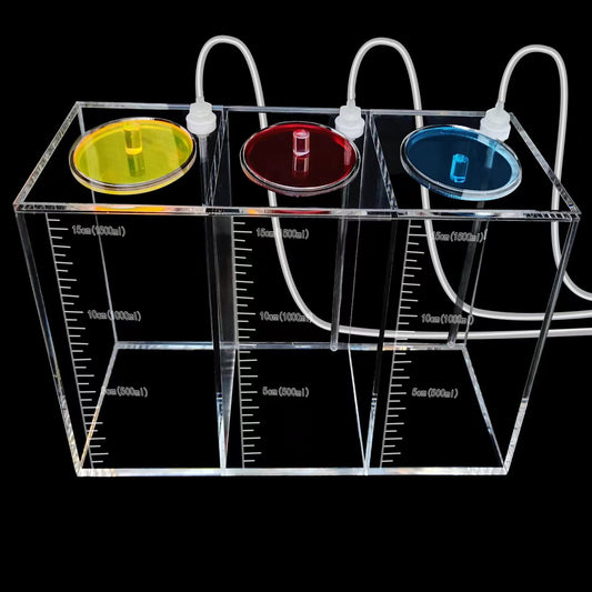 Liquid srorage Bucket Made of acryli,Reservoir dosing Container,Aquarium Air Pump Accessories,dosing Pump Liquid containers of Three - Grid(Total Capacity 4.5L/1.19gal Yellow red Blue lid) - Buy The Sea Aquatics