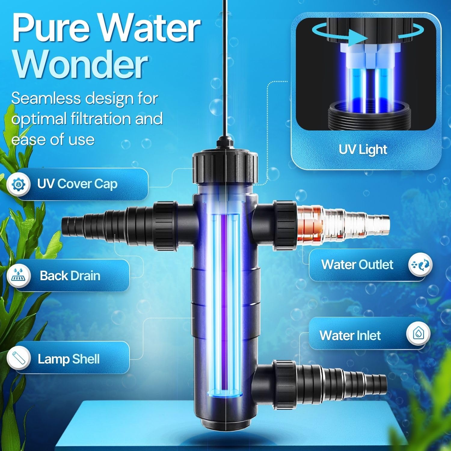 Flexzion Pond UV Lights for Outdoor Ponds - 9W Small Light, 2113 - Gal Capacity, 1500L/H UV Pond Clarifier for Outdoor Ponds, Clears Water in Days (CUV - 109A) - Buy The Sea Aquatics