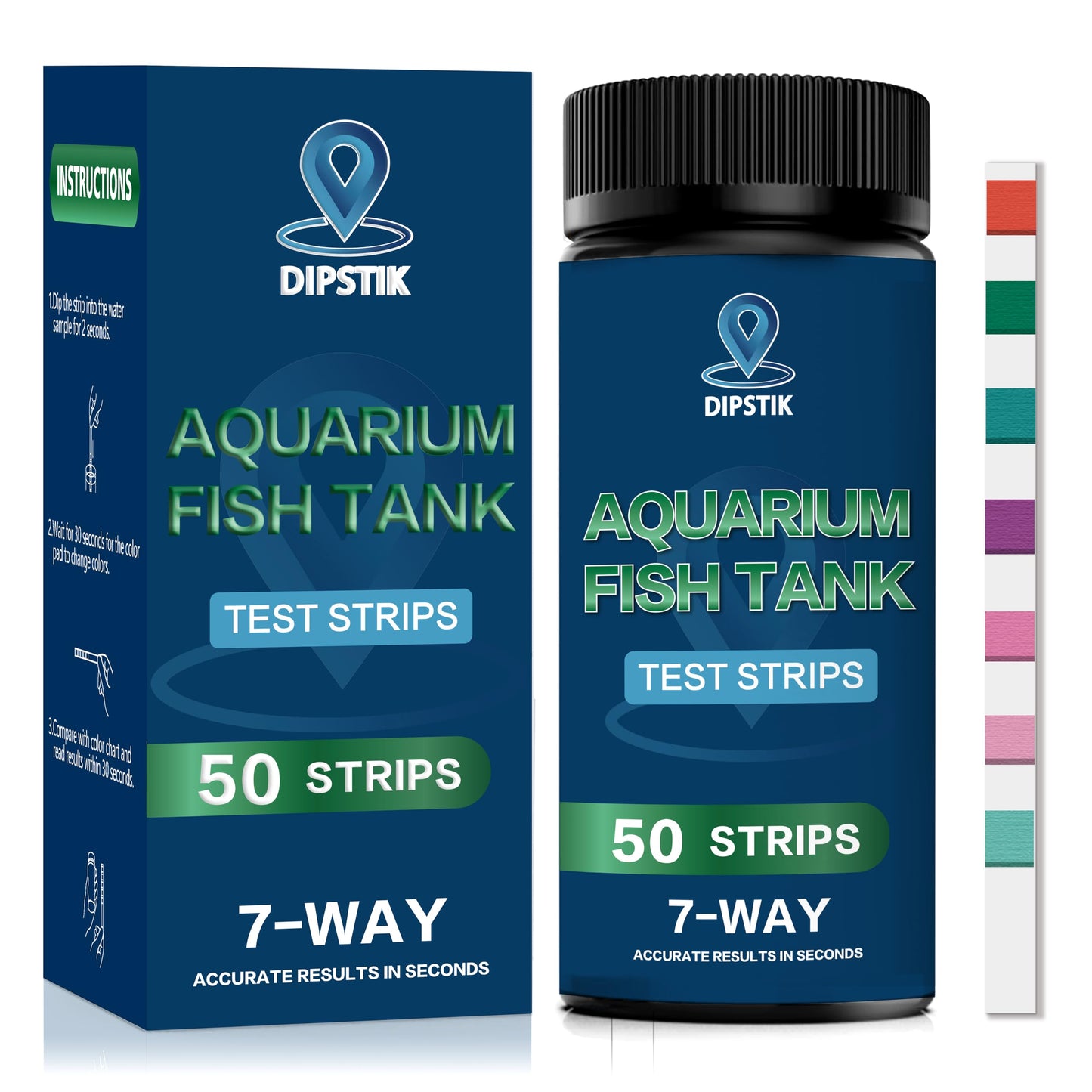 DIPSTIK Aquarium Test Strips, 7-Way Freshwater Saltwater Fish Tank Pond Test Kit, 100 Strips, Nitrate, Nitrite, Chlorine, Hardness, Alkalinity, Carbonate, pH