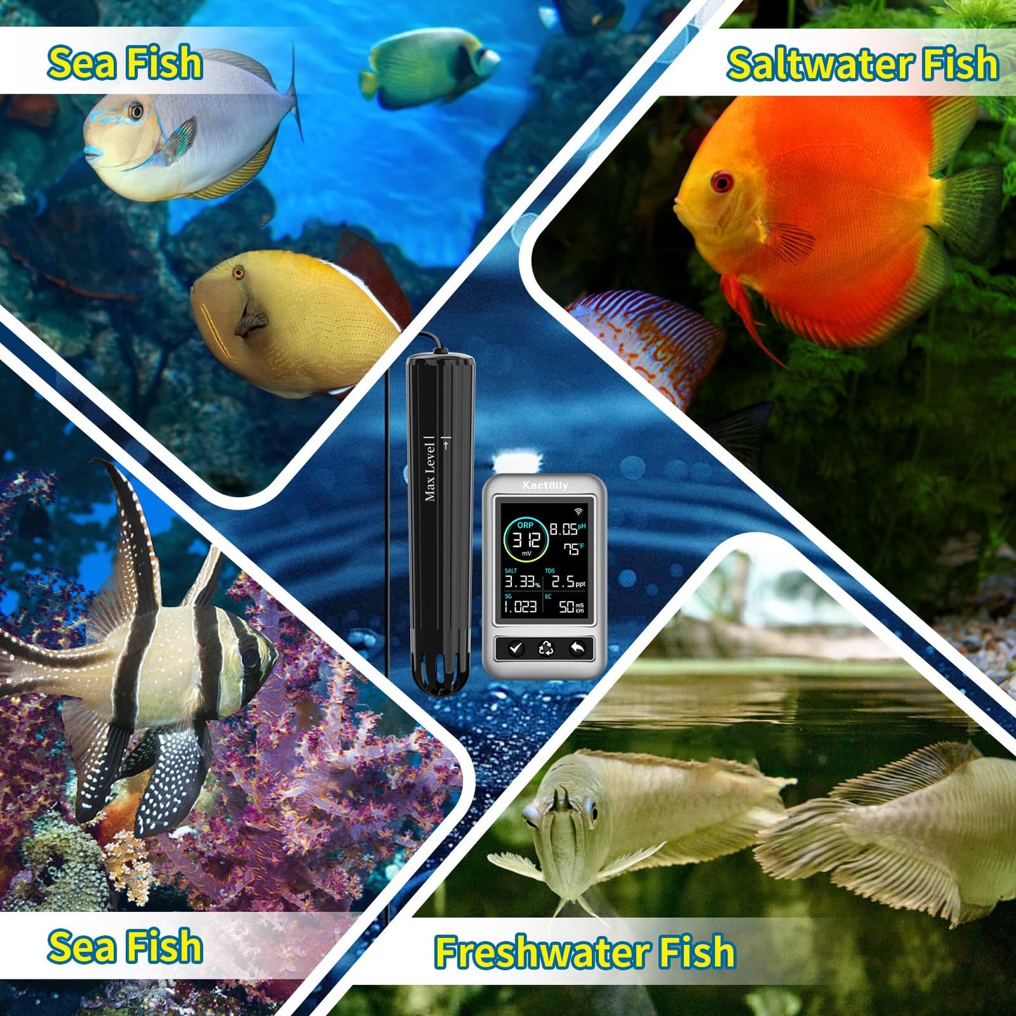 Kactoily Smart Aquarium Monitor All in One pH/ORP/Salt/S.G/TDS/EC/Temp 24h Online Freshwater and Saltwater Fish Tank Tester (WiFi Version)