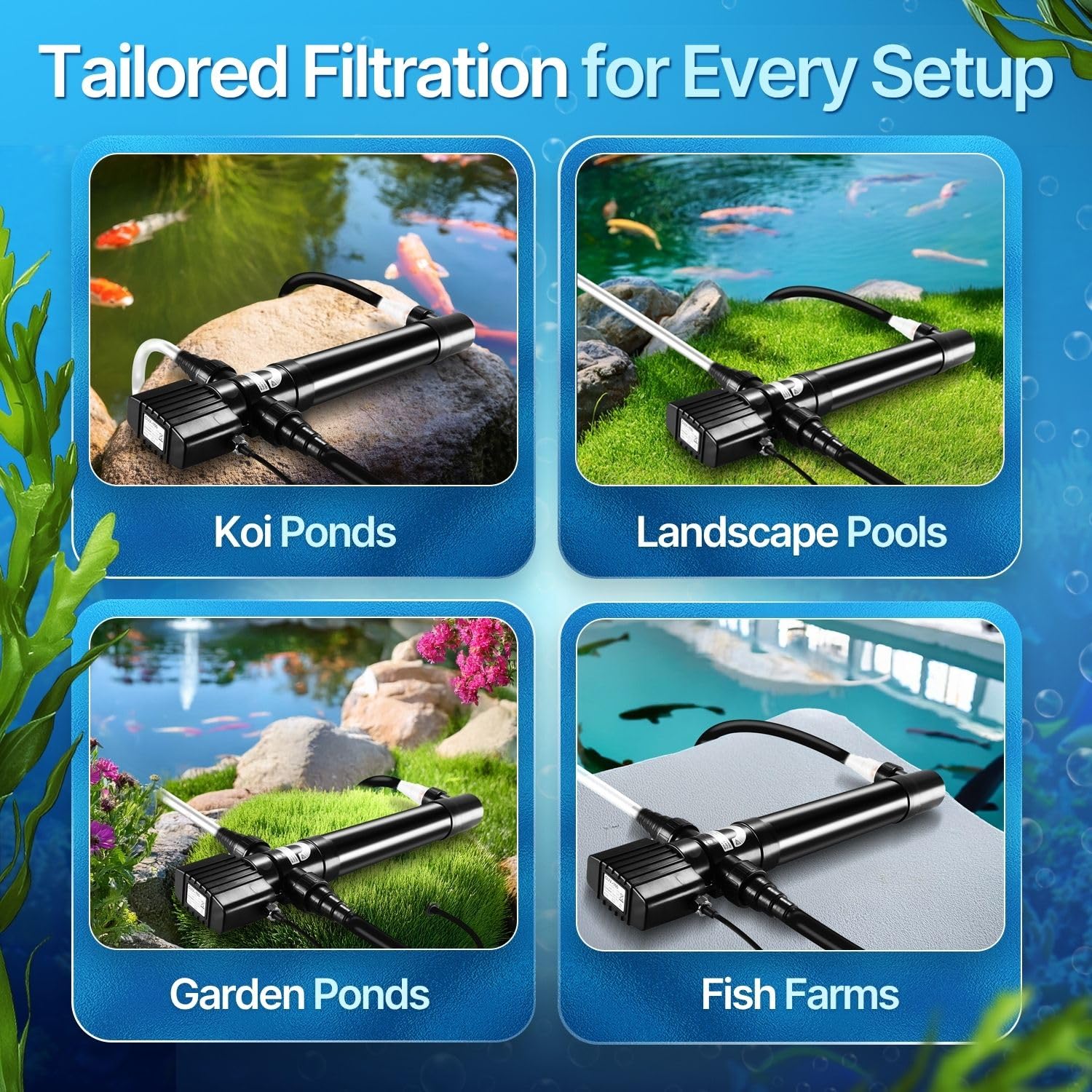 Flexzion Pond UV Lights for Outdoor Ponds - 9W Small Light, 2113 - Gal Capacity, 1500L/H UV Pond Clarifier for Outdoor Ponds, Clears Water in Days (CUV - 109A) - Buy The Sea Aquatics