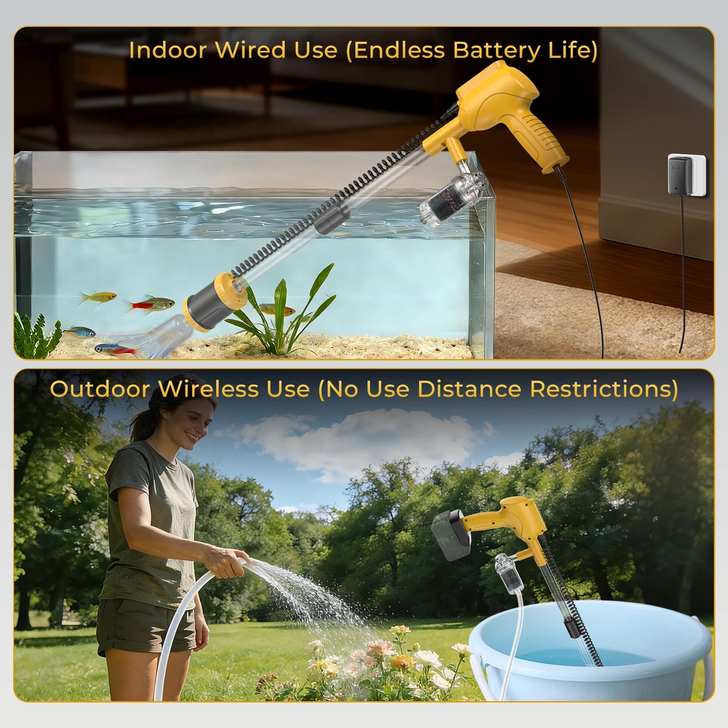 HiTauing Aquarium Gravel Cleaner, Cordless/Corded 6 in 1 Electric Fish Tank Vacuum Cleaner Compatible with Dewalt 20V Battery, 3 Adjustable Power, Automatic Water Change for Freshwater and Saltwater