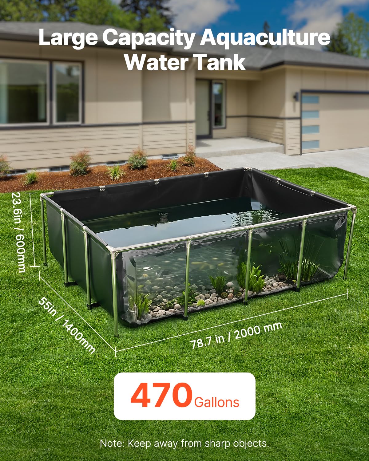 VEVOR Canvas Fish Pond, 470 Gal Above Ground Fish Pond, PVC Koi Tank with Clear Viewing Panel, Rectangular Goldfish Tank with Stainless Steel Frame & Drain Valve, for Breeding Koi, Irrigation(Black)