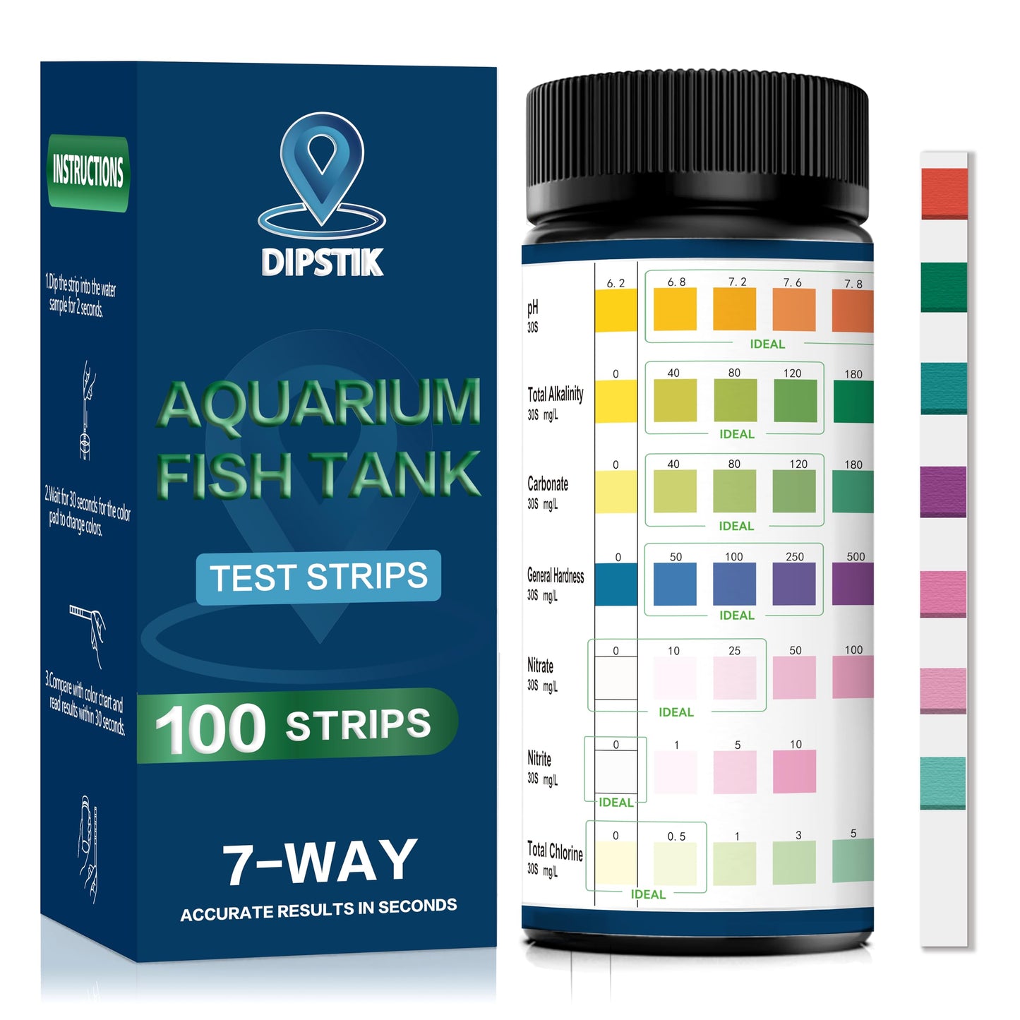 DIPSTIK Aquarium Test Strips, 7-Way Freshwater Saltwater Fish Tank Pond Test Kit, 100 Strips, Nitrate, Nitrite, Chlorine, Hardness, Alkalinity, Carbonate, pH