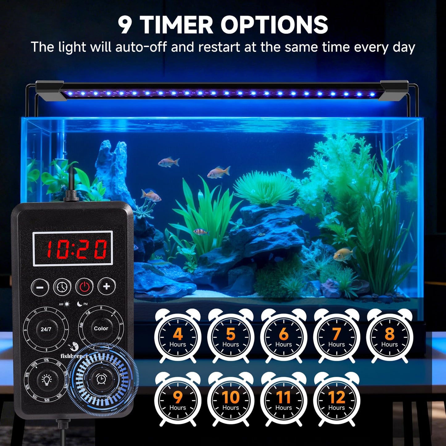 fishkeeper Smart LED Aquarium Light with One-Button Real-Time Sync, 24/7 Mode Full Spectrum Fish Tank Lights, 9 Colors DIY, 9 Timer, 10 Brightness IP68 Waterproof Aquarium Plant Light for 24-32 inch