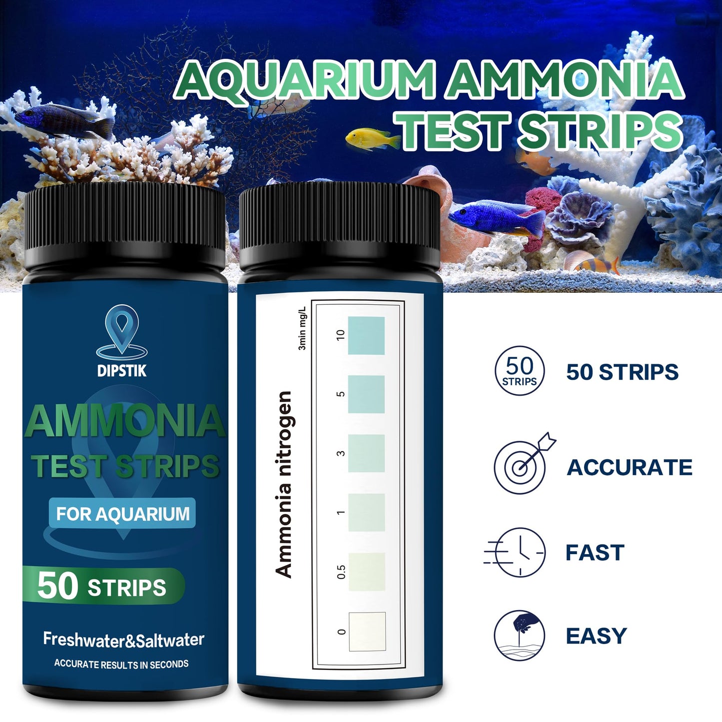 DIPSTIK Aquarium Test Strips, 7-Way Freshwater Saltwater Fish Tank Pond Test Kit, 100 Strips, Nitrate, Nitrite, Chlorine, Hardness, Alkalinity, Carbonate, pH