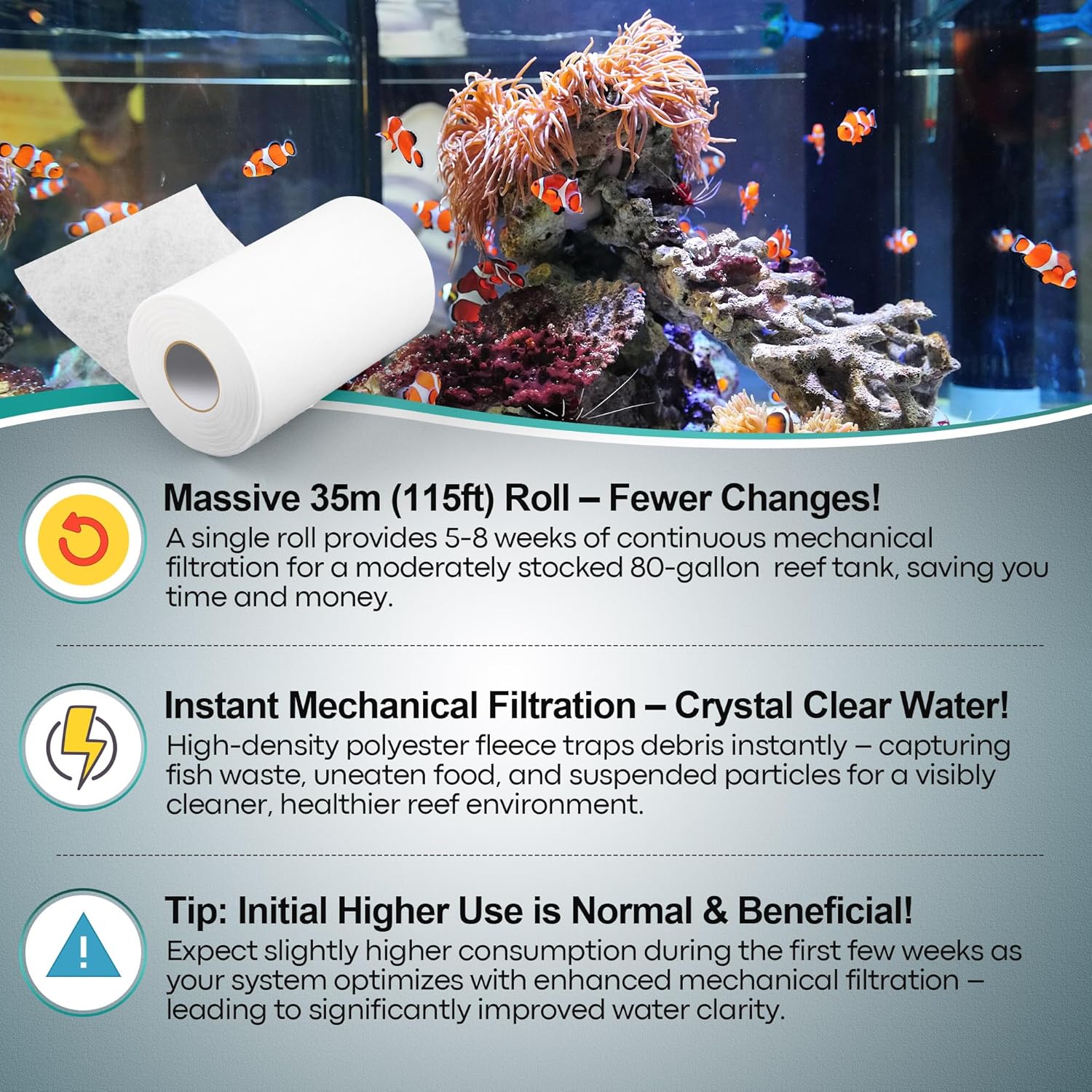 Dreyoo 1 Pack Replacement Fleece Roll, 115' Long x 6.78" High, Superior Filtration for Clean Clear Reef Tanks, Easy to Install - Buy The Sea Aquatics