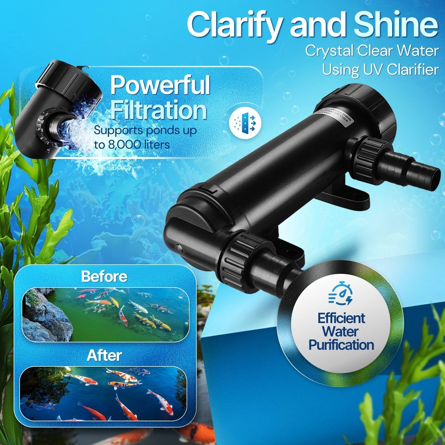 Flexzion Pond UV Lights for Outdoor Ponds - 9W Small Light, 2113 - Gal Capacity, 1500L/H UV Pond Clarifier for Outdoor Ponds, Clears Water in Days (CUV - 109A) - Buy The Sea Aquatics