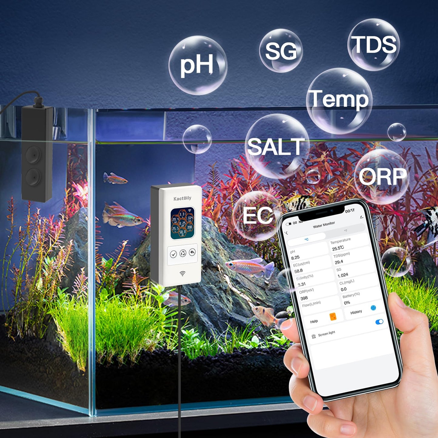 Kactoily Smart Aquarium Monitor All in One pH/ORP/Salt/S.G/TDS/EC/Temp 24h Online Freshwater and Saltwater Fish Tank Tester (WiFi Version)