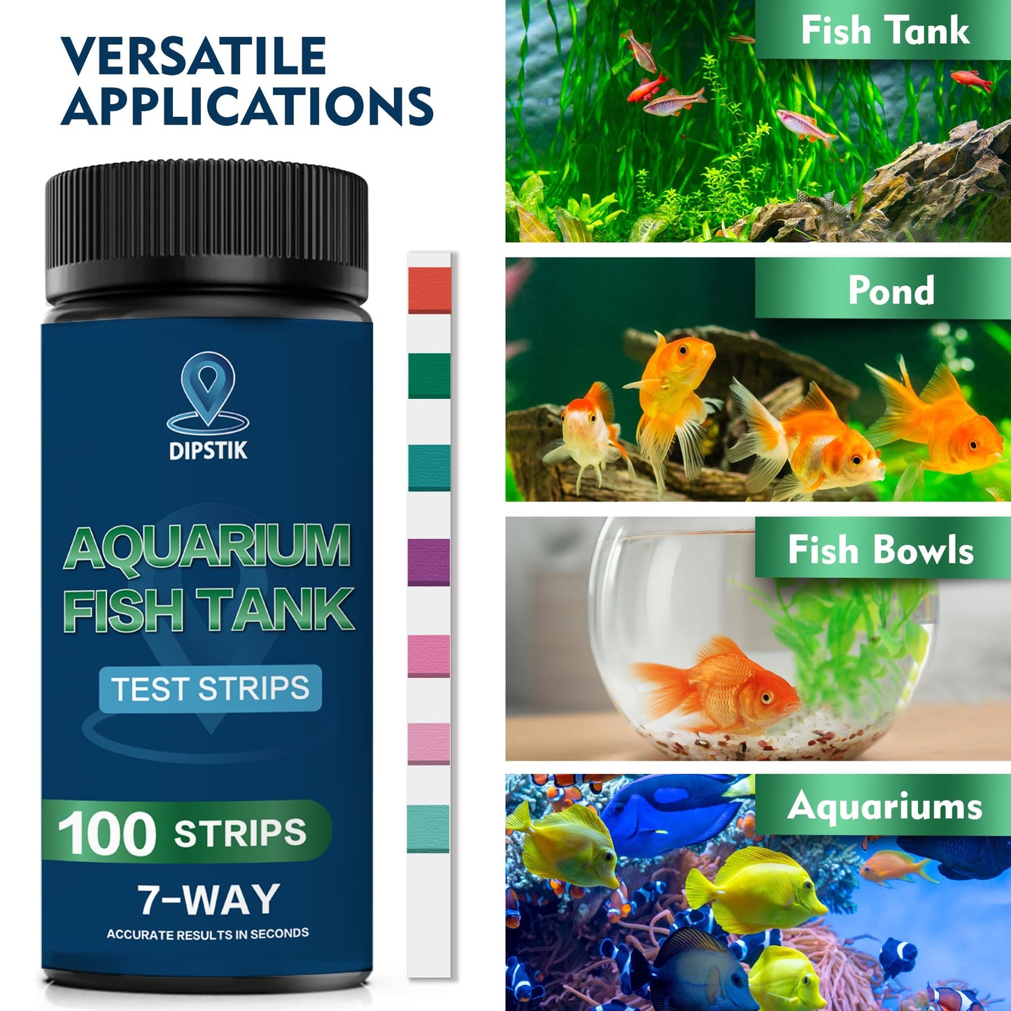 DIPSTIK Aquarium Test Strips, 7-Way Freshwater Saltwater Fish Tank Pond Test Kit, 100 Strips, Nitrate, Nitrite, Chlorine, Hardness, Alkalinity, Carbonate, pH