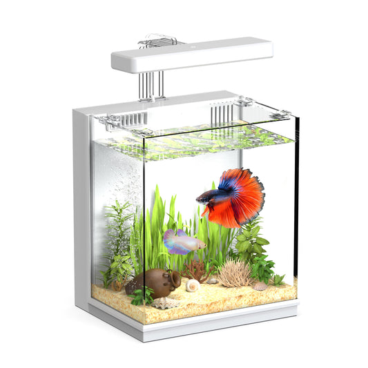AQUASMITH 2-Gallon All-in-One Fish Tank – Silent Pump, 3-Stage Filtration & Easy Water Change, Perfect Self-Care Betta Aquarium Kit for Kids & Beginners (White