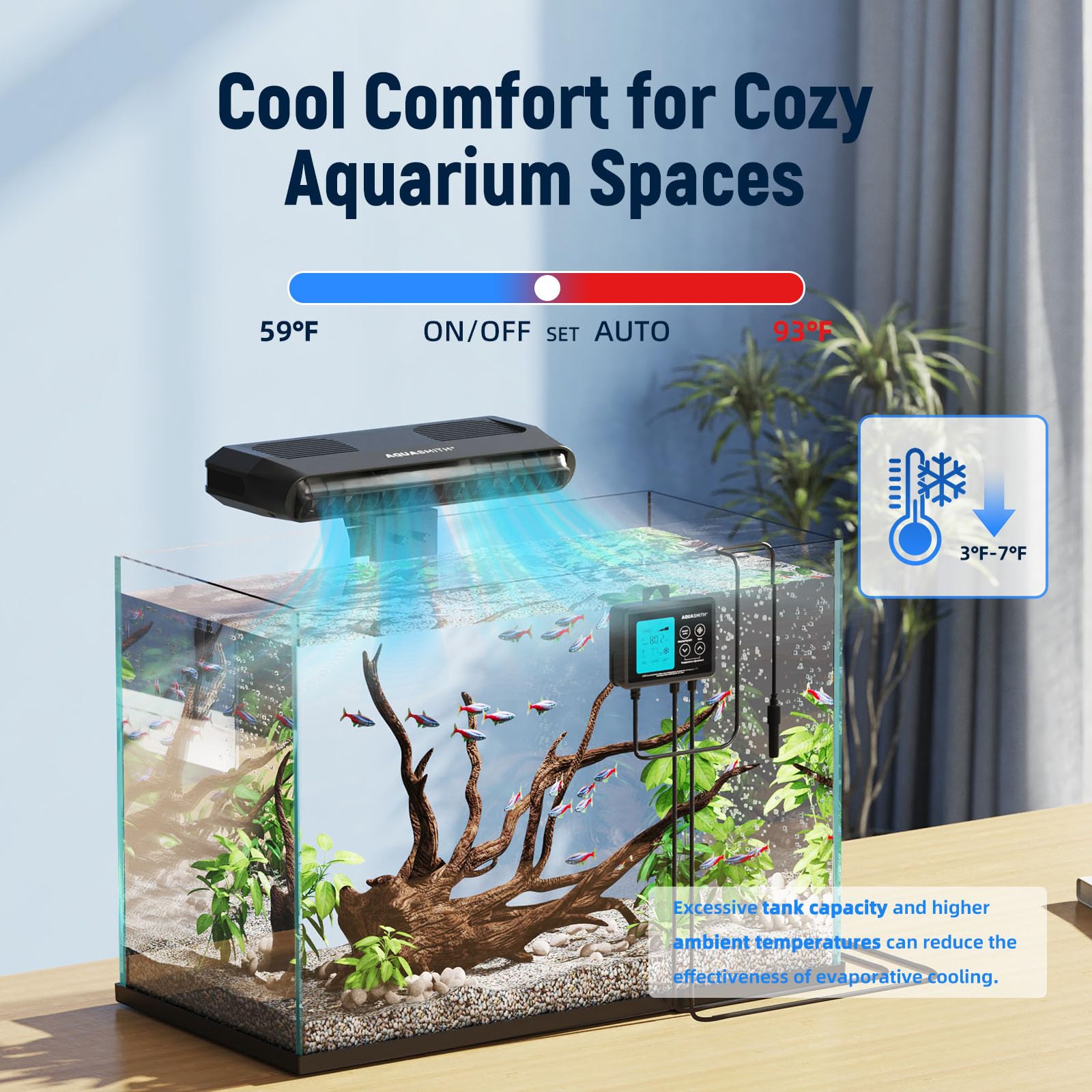 Aquarium Chiller Fan,Fish Tank Cooler with Temperature Control,Minimum Setting 59℉,Auto Start/Stop,Refrigeration Effect 3 - 7℉,3 - Speed Modes,for Axolotl Seawater Freshwater Coral Grass Tank - Buy The Sea Aquatics