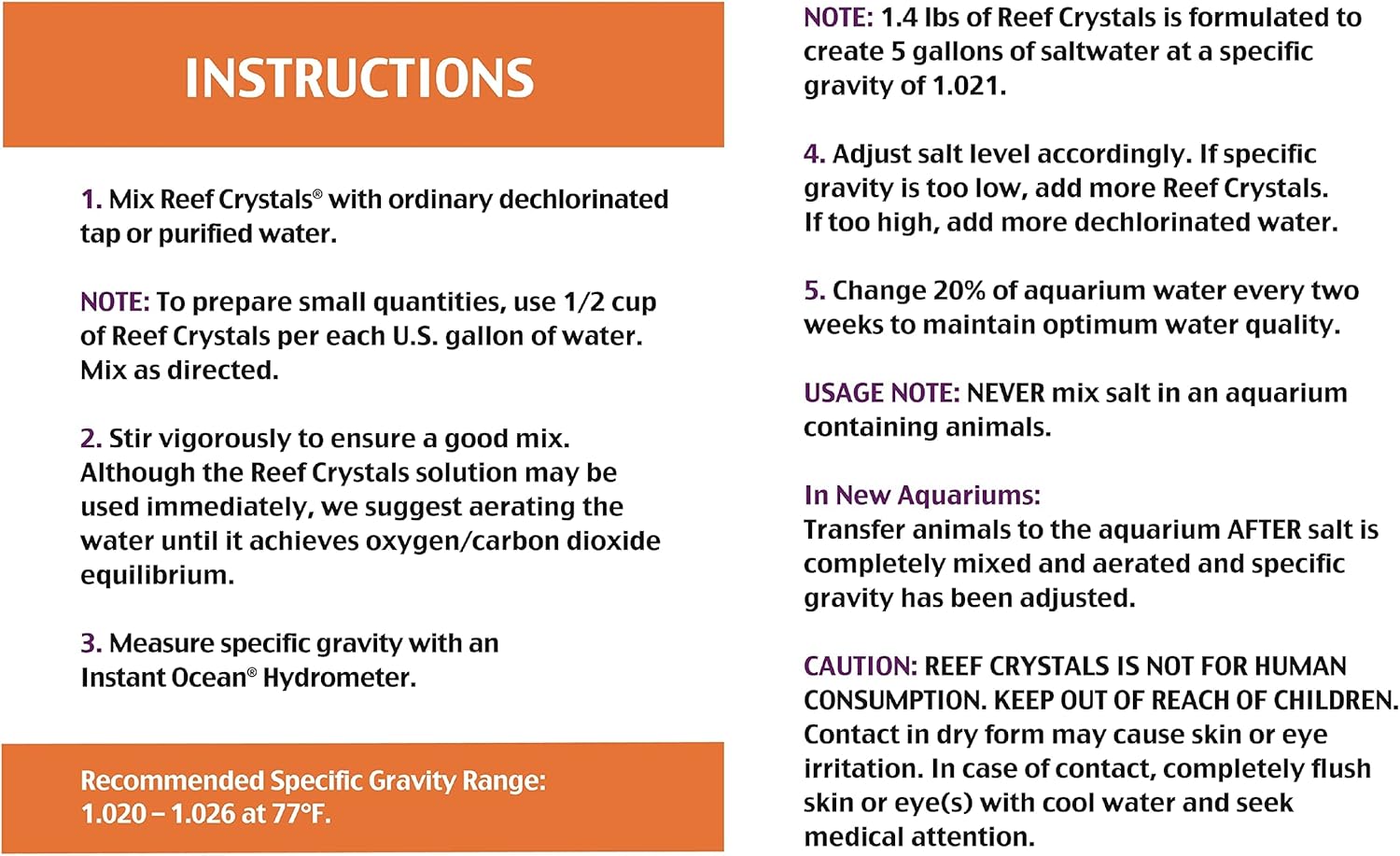 Instant Ocean Reef Crystals Reef Salt For 50 Gallons, Enriched Formulation For aquariums - Buy The Sea Aquatics