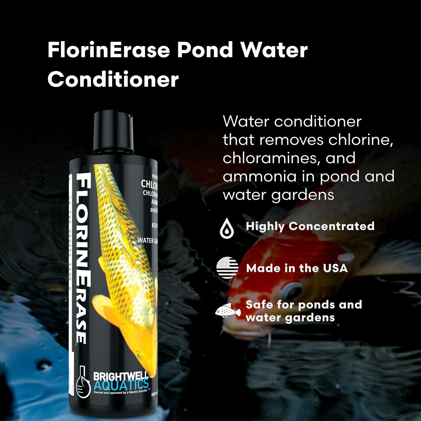 Brightwell Aquatics FlorinErase – Pond Water Conditioner for Chlorine, Chloramines, Ammonia & Nitrite Removal – Safe for Fish, Plants & Invertebrates, 2L
