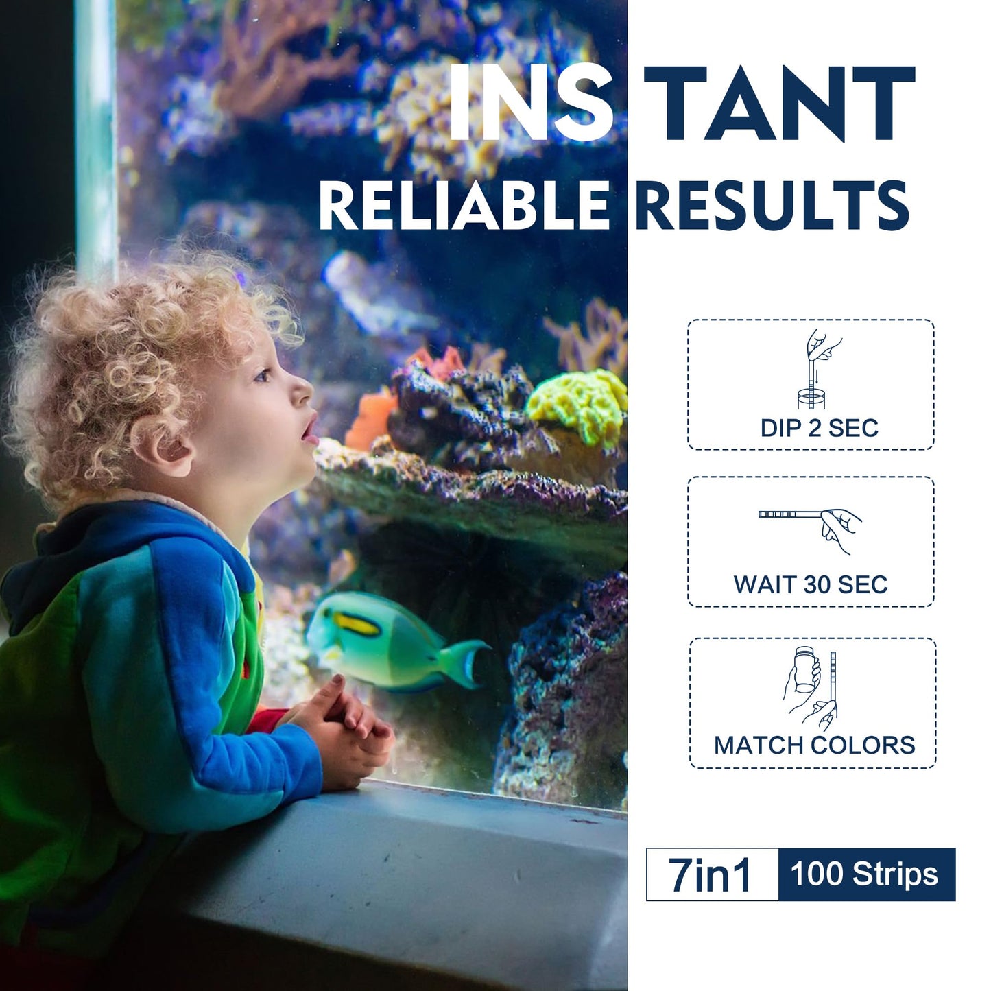 DIPSTIK Aquarium Test Strips, 7-Way Freshwater Saltwater Fish Tank Pond Test Kit, 100 Strips, Nitrate, Nitrite, Chlorine, Hardness, Alkalinity, Carbonate, pH