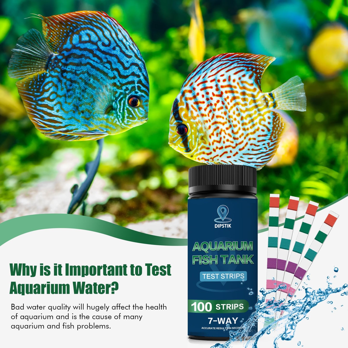 DIPSTIK Aquarium Test Strips, 7-Way Freshwater Saltwater Fish Tank Pond Test Kit, 100 Strips, Nitrate, Nitrite, Chlorine, Hardness, Alkalinity, Carbonate, pH